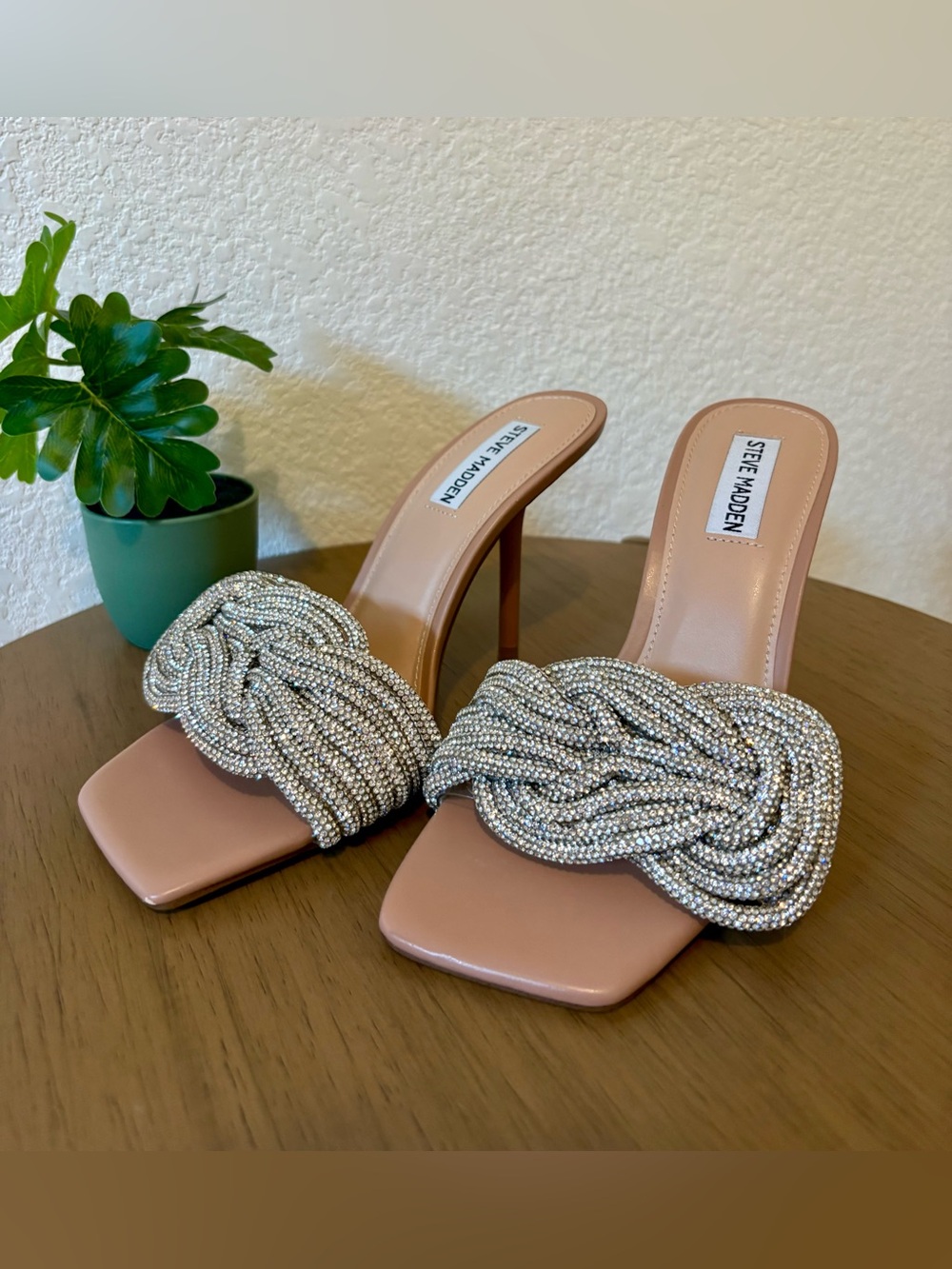 Steve Madden Applaud Leather and rhinestone embellished sandals heels